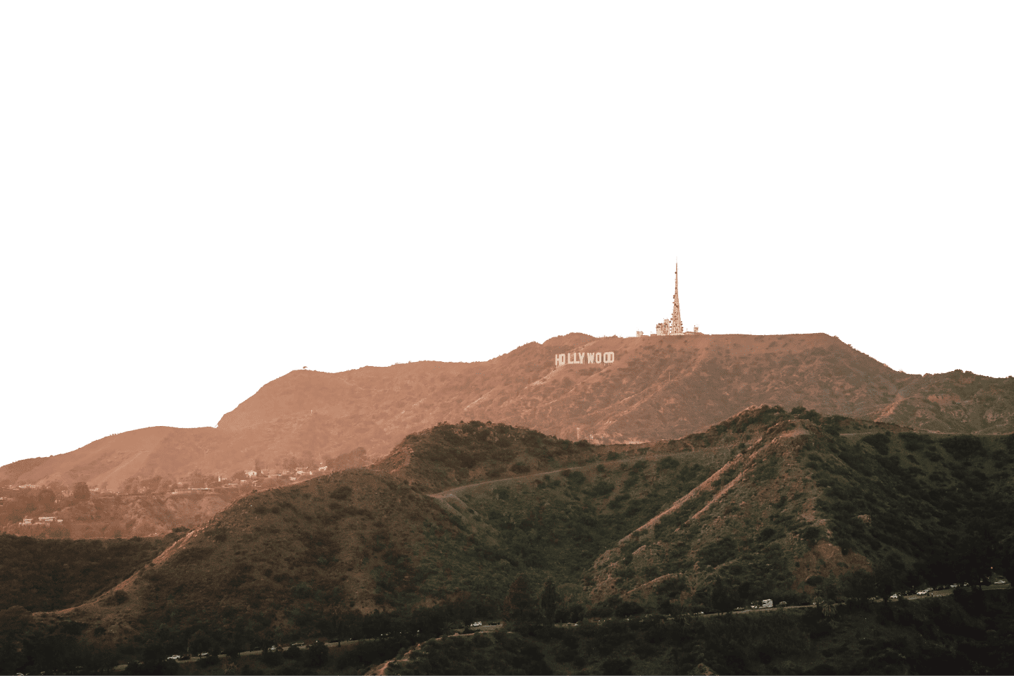 Foreground scenery showing detailed landscape elements of the Hollywood hills.