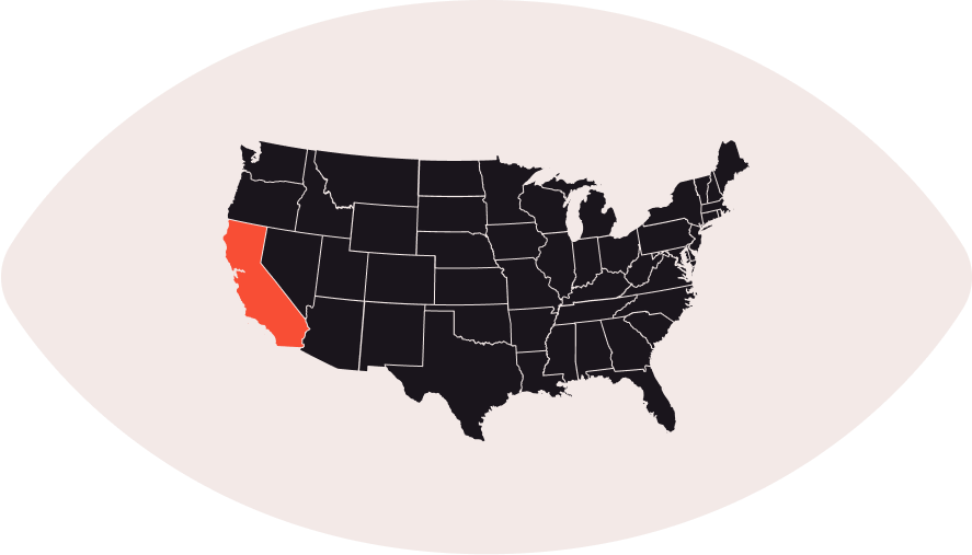 Illustration of the United States map highlighting California in red, indicating a specific focus or location