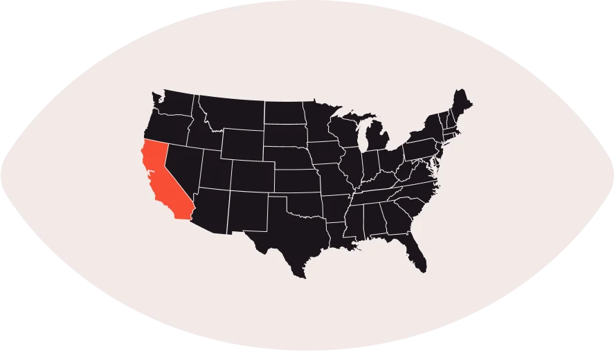 Illustration of the United States map highlighting California in red, indicating a specific focus or location